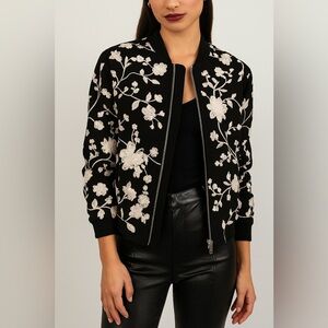 Tulle Black Bomber Jacket with White Floral Embroidery | Size Large